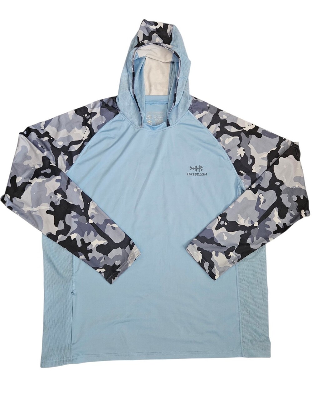 Bassdash Hooded Fishing Shirt Mens 2XL UPF 50+ Performance Blue Gray Camo Vented
